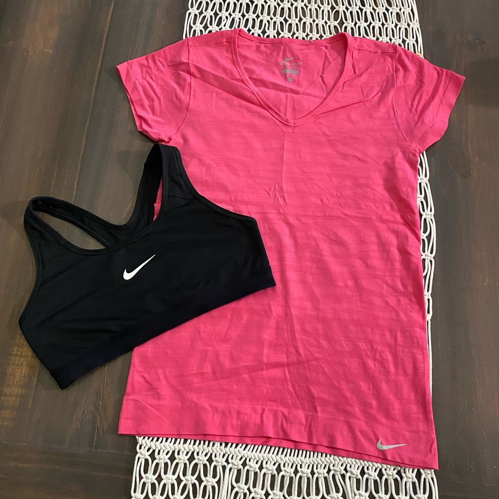 Nike Pink V-Neck Tee with Black Nike Sports Bra